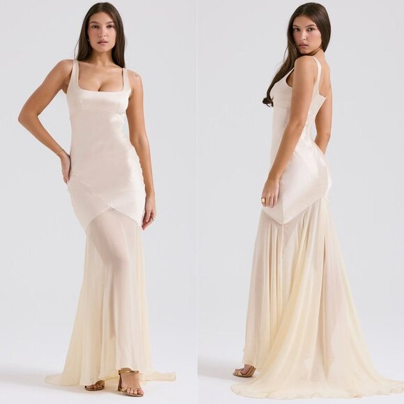 House of CB Vittoria Maxi Gown Champagne Ivory Chiffon Satin Floor Length Size M - Picture 16 of 16